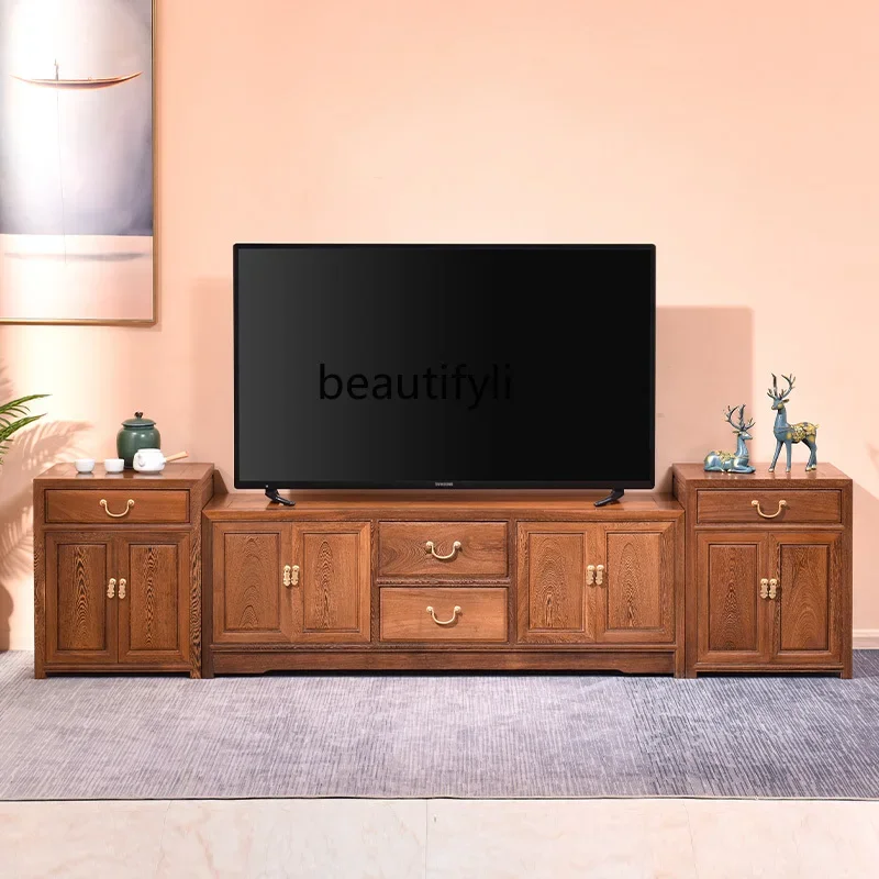 Chicken wing wood TV cabinet Solid wood Chinese antique living room combination Video floor cabinet Wall cabinet