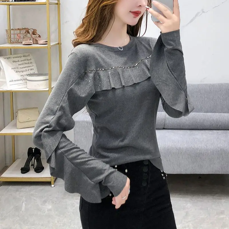 Spring Autumn New Fashion Round Neck Long Sleeve Solid T-Shirts T-Shirts Ruffles Diamonds Pullovers Simplicity Patchwork Tops