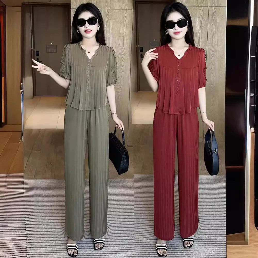 

Foreign trade set women's design sense top summer 2025 new middle-aged mom outfit wide leg pants two-piece set