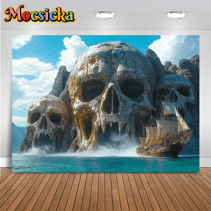 Mocsicka Photography Backdrop Halloween Decorations Pirate Skull Island Ocean Ship Child Background Day Of The Dead Party Banner