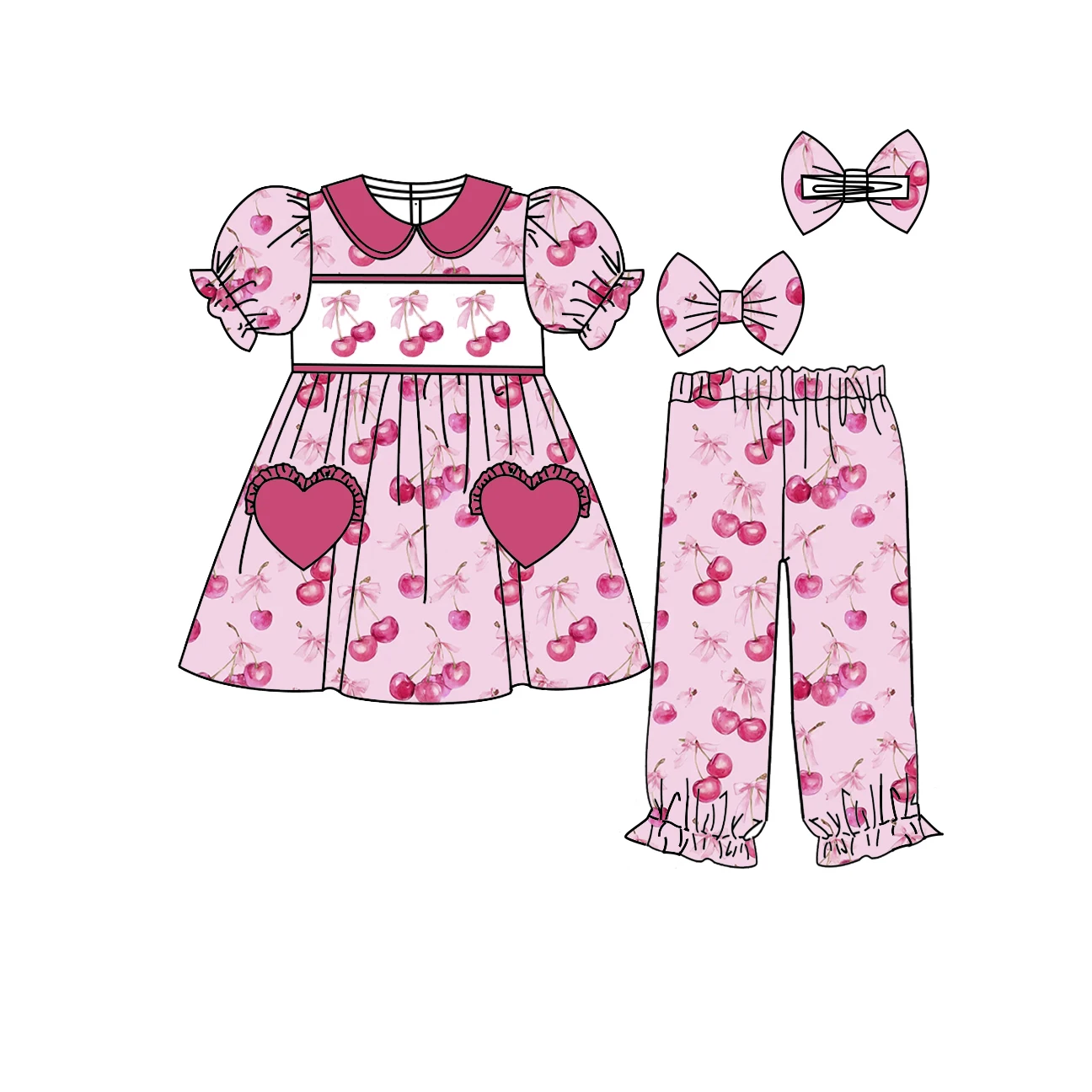Boutique Casual Girl Cherry Print Outfit Heart Pocket Ruffle Sleeve Dress Pants Set Valentine's Day Pajamas