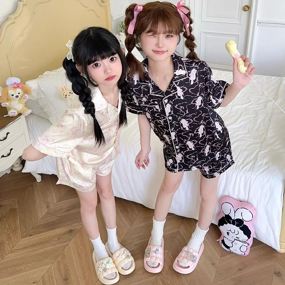 Spring and Summer Long Sleeve and Short Sleeve Cartoon Cat Printing Polyester Silk Cute Ice Silk Loungewear Pajama Suit Women