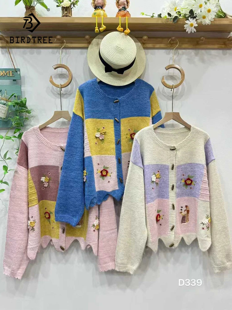 

New 2025 Fall Cotton Blending Long Sleeve Sweater, Women O Neck Embroidery, Mori Girl Preppy Style Loose Knit Cardigan C59727CC