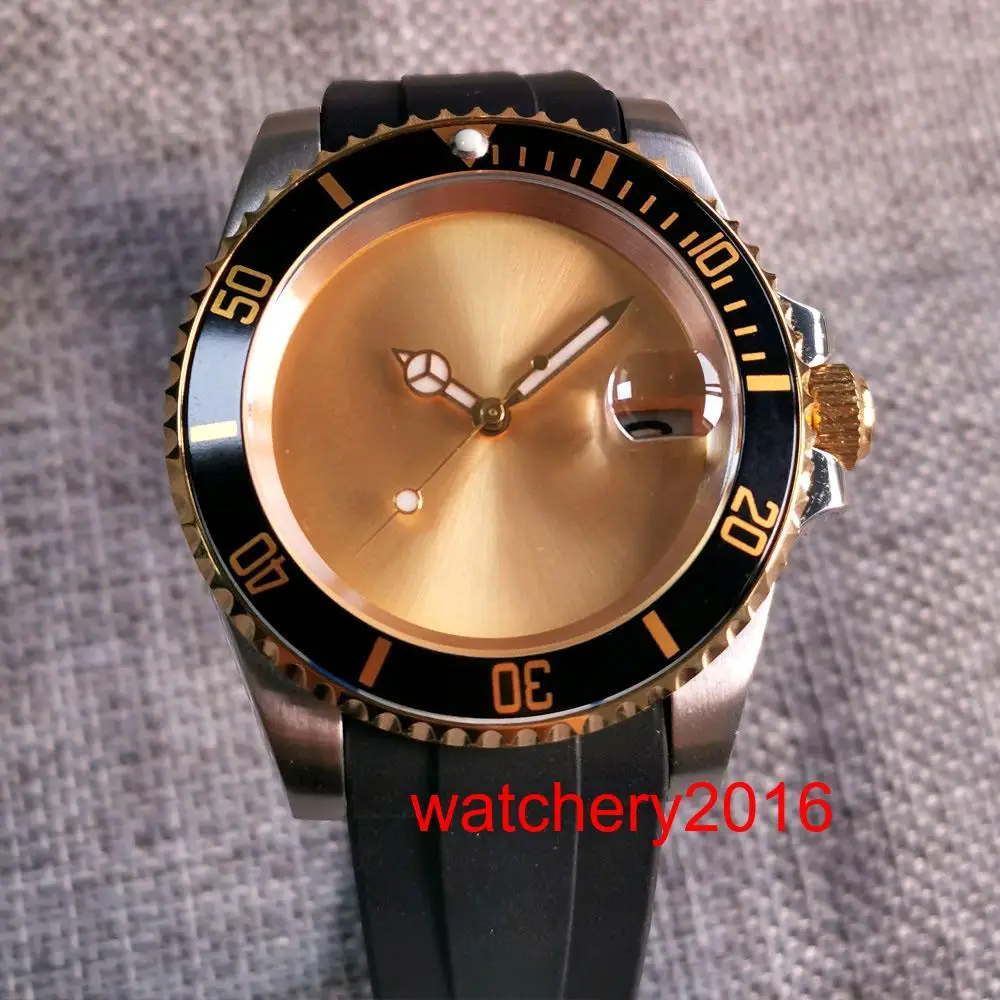 

New 40mm Gold Sterile Dial NH35 Automatic Movement Mens Watches Sapphire Crystal Luminous Hand Rubber Strap Gold Buckle