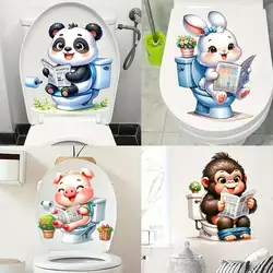 Cute Panda Reading Newspaper Toilet Lid Decal - Animal Self-Adhesive Bathroom Toilet Sticker Waterproof Funny Home Decor M1125