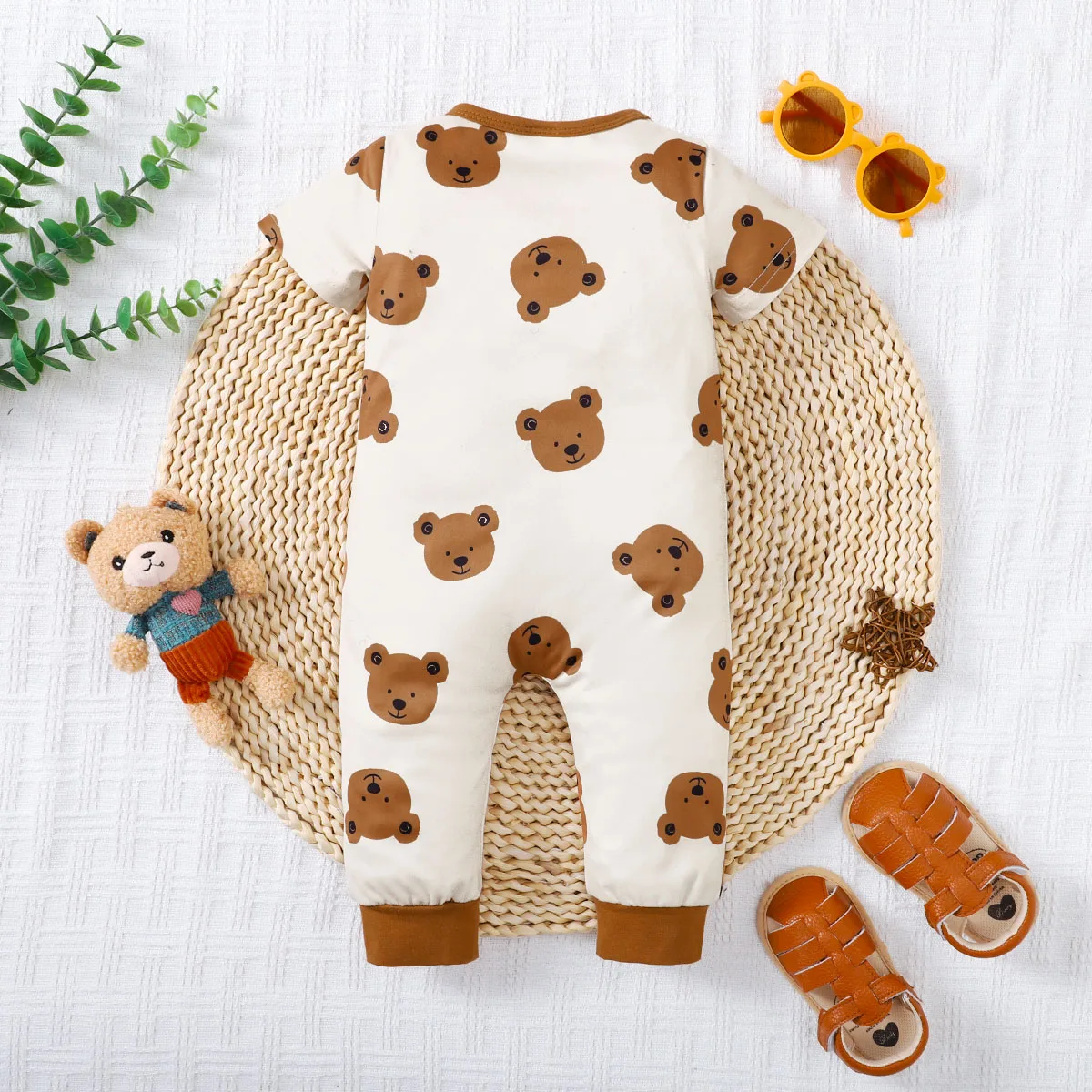 Summer Newborn Infant Baby Boys Romper Bear Print Short Sleeve Button Up Front Rompers Kids Onepiece Baby Suit