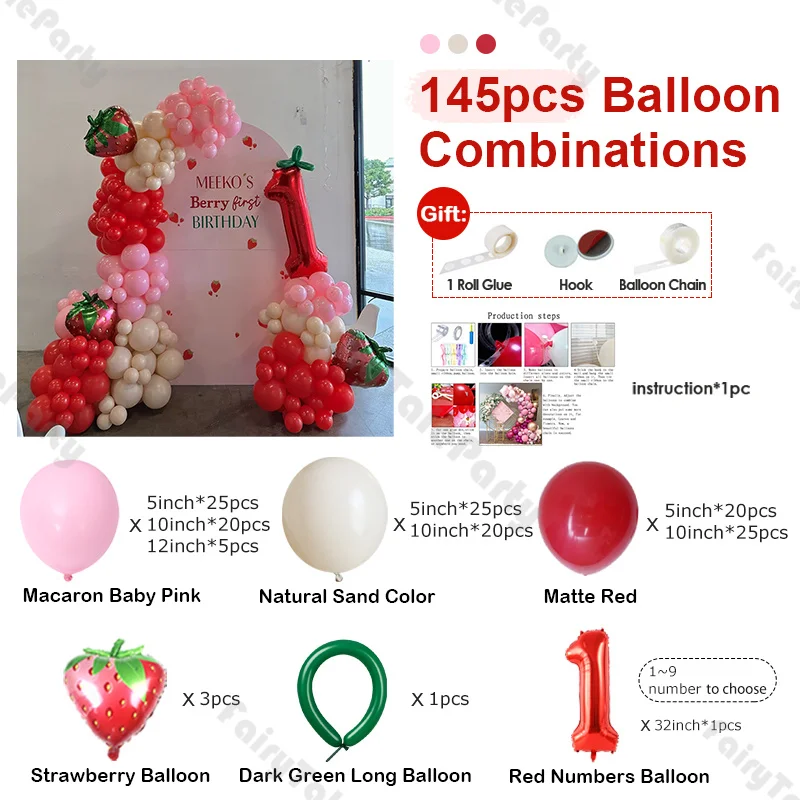 145pcs Strawberry Christmas Party Decoration Balloons Red Numbers and Strawberry Balloon Set Pink and White Latex Balloon Arches