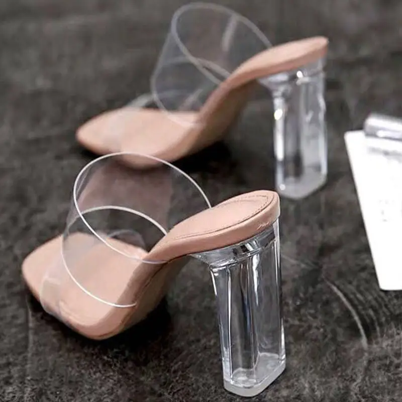 Summer Women Pumps Sandals 9cm Jelly Slippers Sexy Open Square Toe High Heels Women Transparent Slippers Shoe Heel Clear Sandals