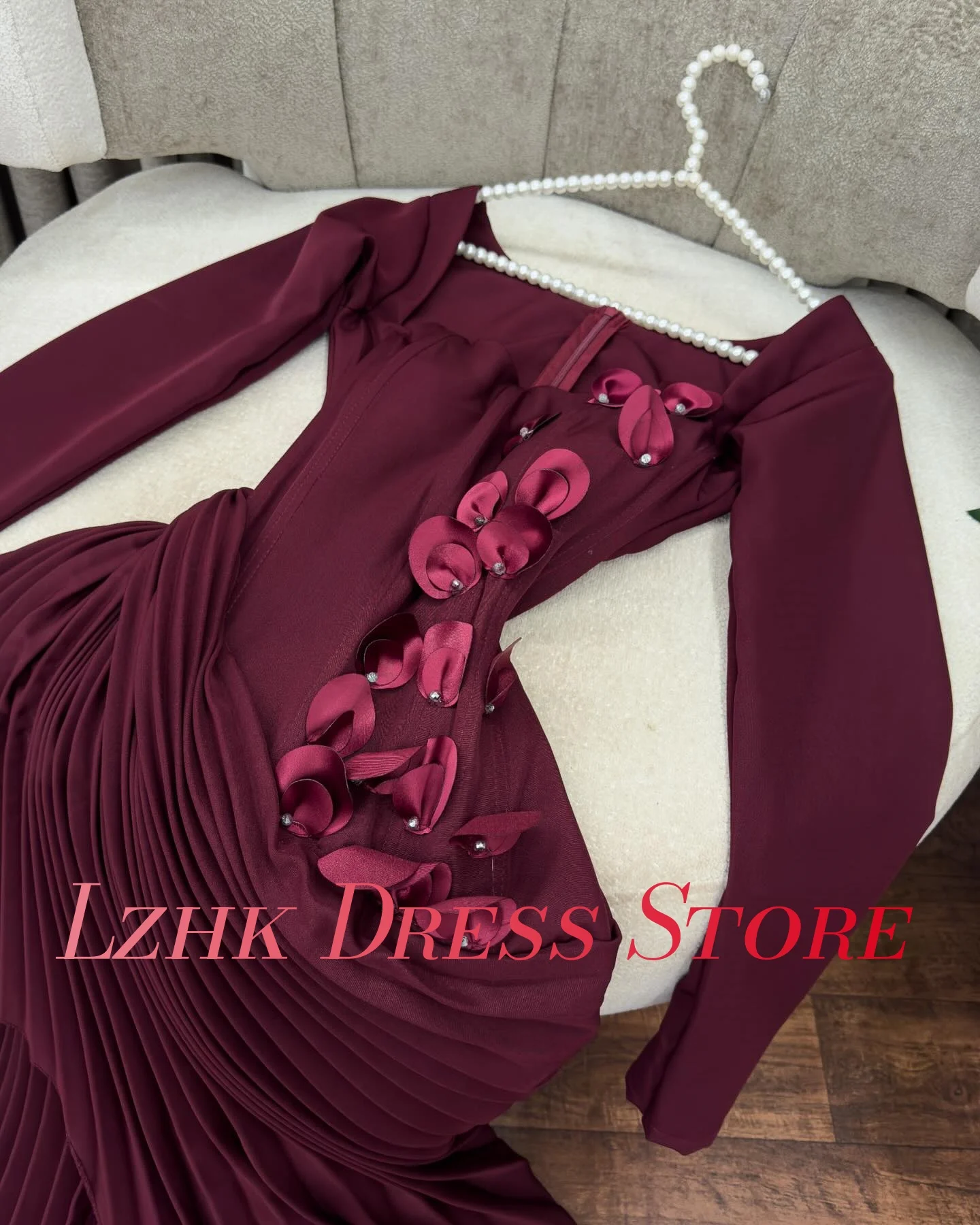 تخصيص الحديثة جيرسي ألف خط كريستال 3D الزهور مساء اللباس جودة عالية طويلة الأكمام ساحة الرقبة الطابق طول فساتين لحضور الحفلات الموسيقية