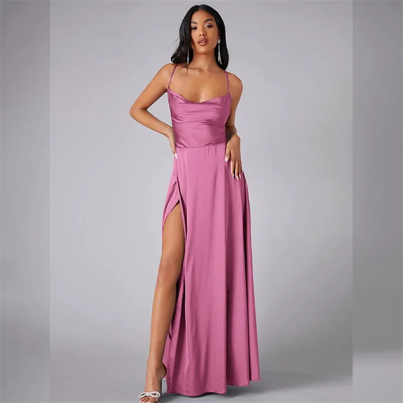 Women Backless Straps Dresses Sexy Off The Shoulder Slim Fit Dress High Waist Split Hem Long Gown Female Party Suspenders Frock