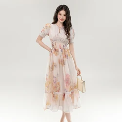 French New Summer Elegant Holiday Floral Midi Dress For Women V Neck Lace Patchwork Print Flower Chiffon High Elastic Vestidos