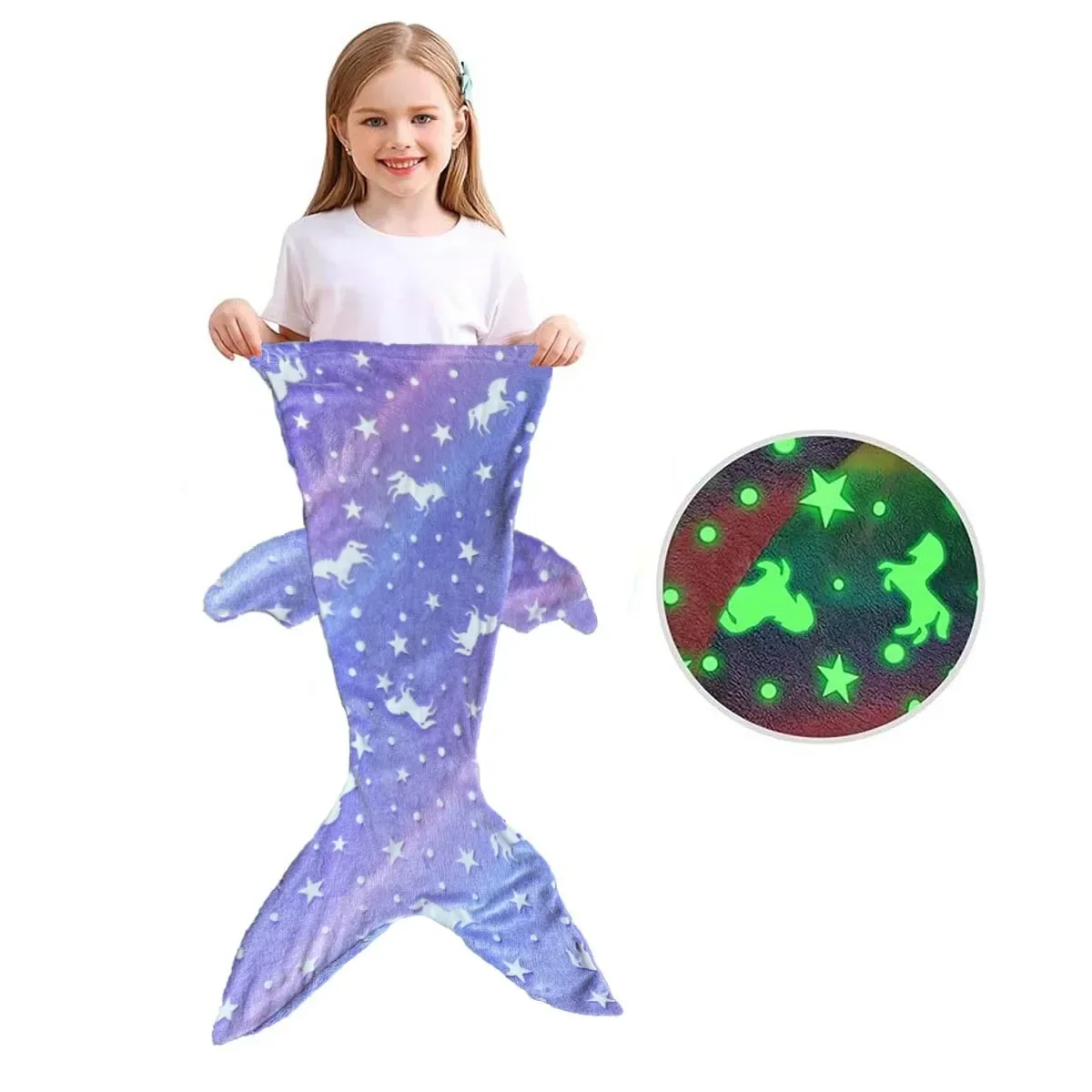 Manta de sirena de franela, regalos para niñas, dibujos animados, unicornio luminoso, súper suave, teñido anudado, mantas de cola de sirena que brillan en la oscuridad