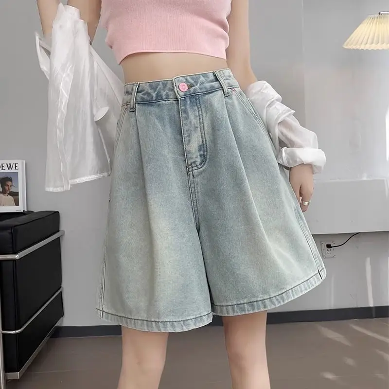 

Женские джинсовые шорты в стиле ретро с пятью точками, новые тонкие шорты для маленького человека с высокой талией и широкими штанинами с пятью точками