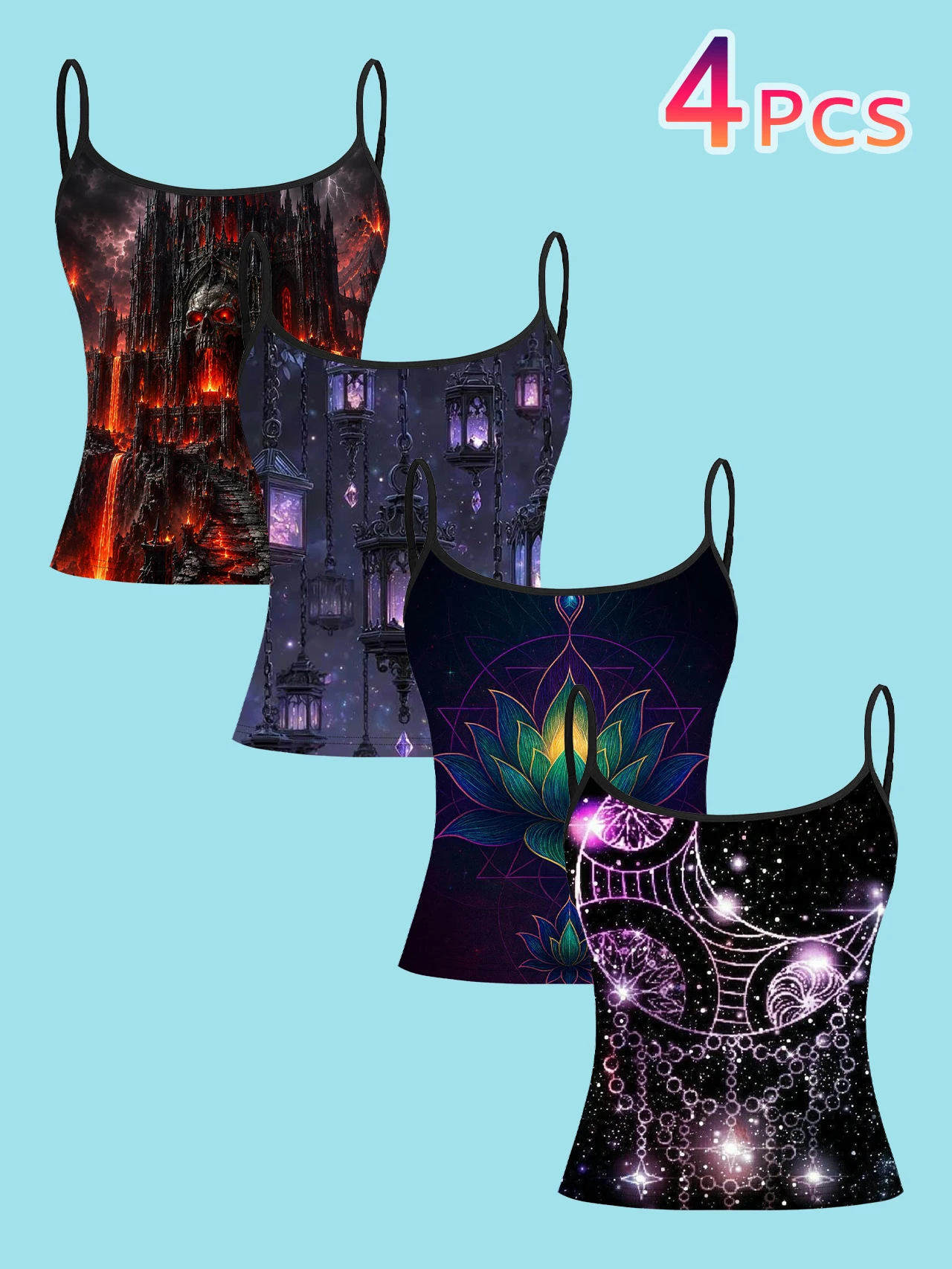 4-Piece Set of Dark Gothic Castle Magic Lotus Starry Sky Print Camisole Tops for Women, Unique and Stylish Spaghetti Strap Slim-Fit Inner Wear Tops