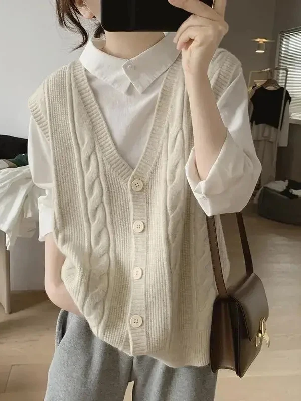 

Korean Sle Versatile Lazy Sle V-Ne Knitted Sweater Vest Casual Women's Spring Autumn Outerwear Open Cardigan Jaet