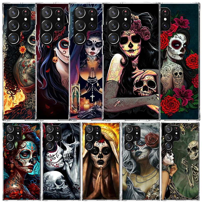 Catrina Beautiful Rose Girl Skull Phone Case For Samsung Galaxy S25 S22 S23 S24 Ultra S21 S20 FE S10 Plus S10E + Soft TPU Back C