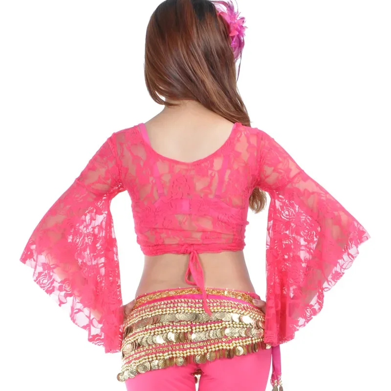 

Women Floral Lace Top Wrap Tie Choli Blouse Bandage Shrugs Cardigan Belly Dance Costume 3/4 Flared Sleeves Crop Shawl Dancewear