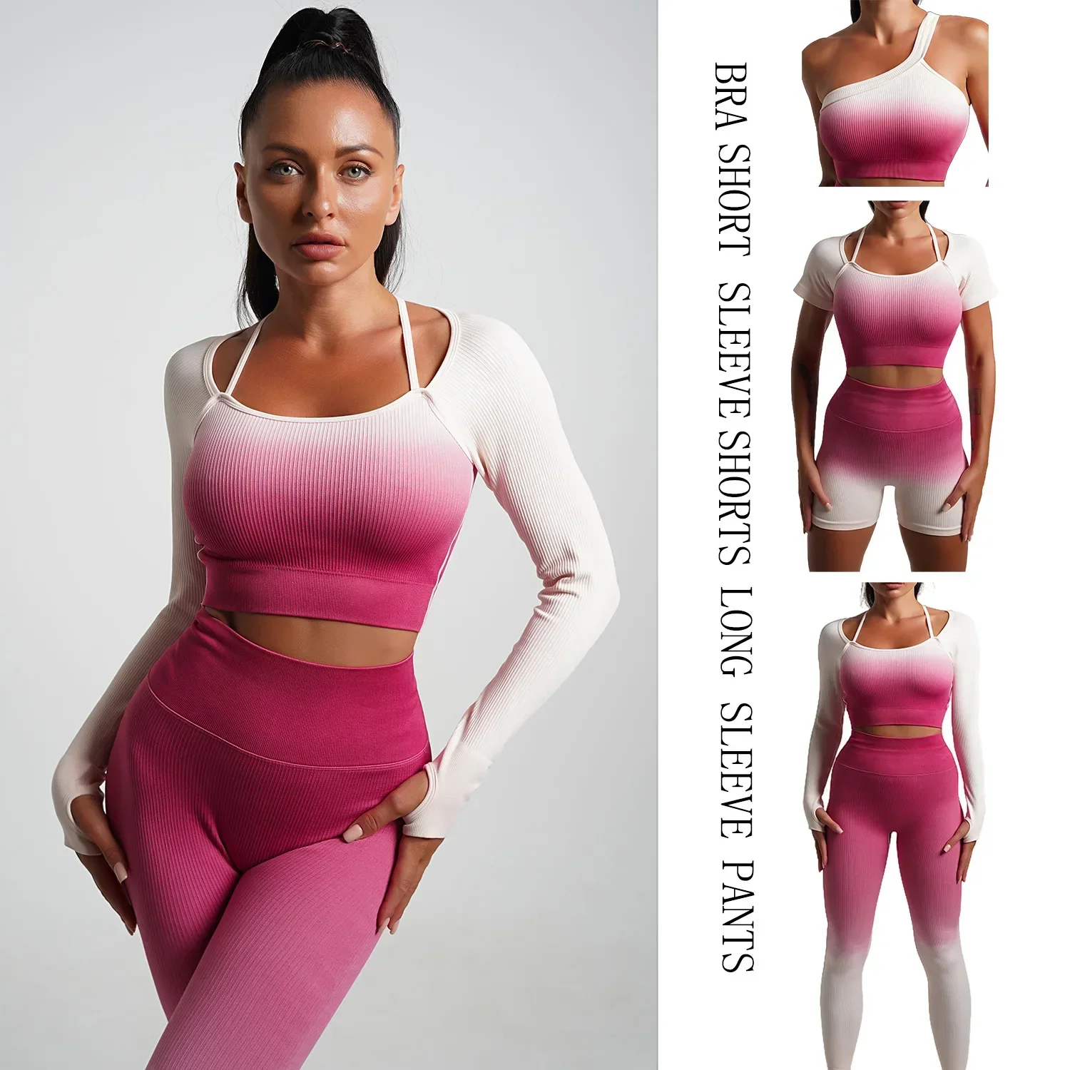 Seamless Gradient Yoga Sets Sports Fitness High Waist Hip-Lifting Pants Long-Sleeved Suits Workout Gym Leggings Sets for Women