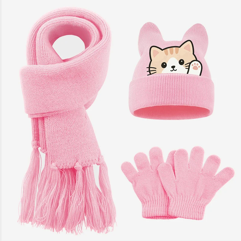 3pc 1-3Y Toddler Hat Scarf Gloves Set, Cat Print Knit Kids Winter Set, Casual Outdoor Warm Set for Boys Girls - view 5