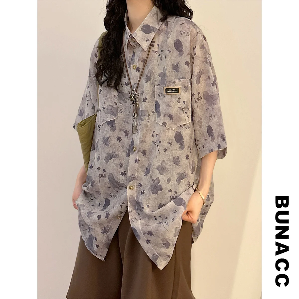 

BUNACC Summer American Retro Casual Loose Water-Mark Print ort Sve Women's irt Street Sle Loose Fit Collar Top