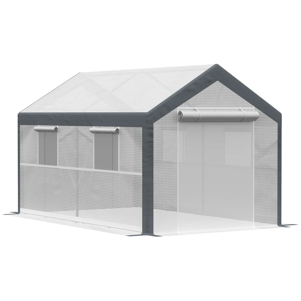 

12' x 7' x 7' Walk-In Greenhouse, Outdoor Garden Warm Hot House with 4 Roll-up Windows, 2 Zippered Doors and Weather Cover