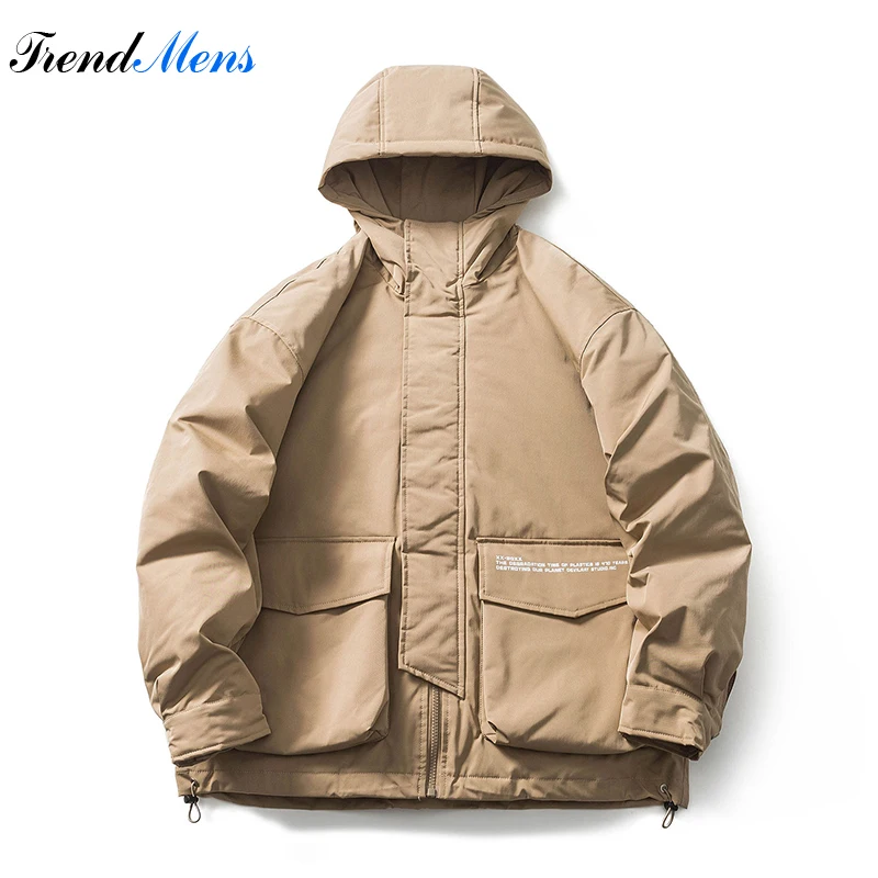 Winter New Three-dimensional Big Pocket Hooded Down Jacket Japanese Retro Solid color Warm Outdoors Windbreak Down Jacket Men