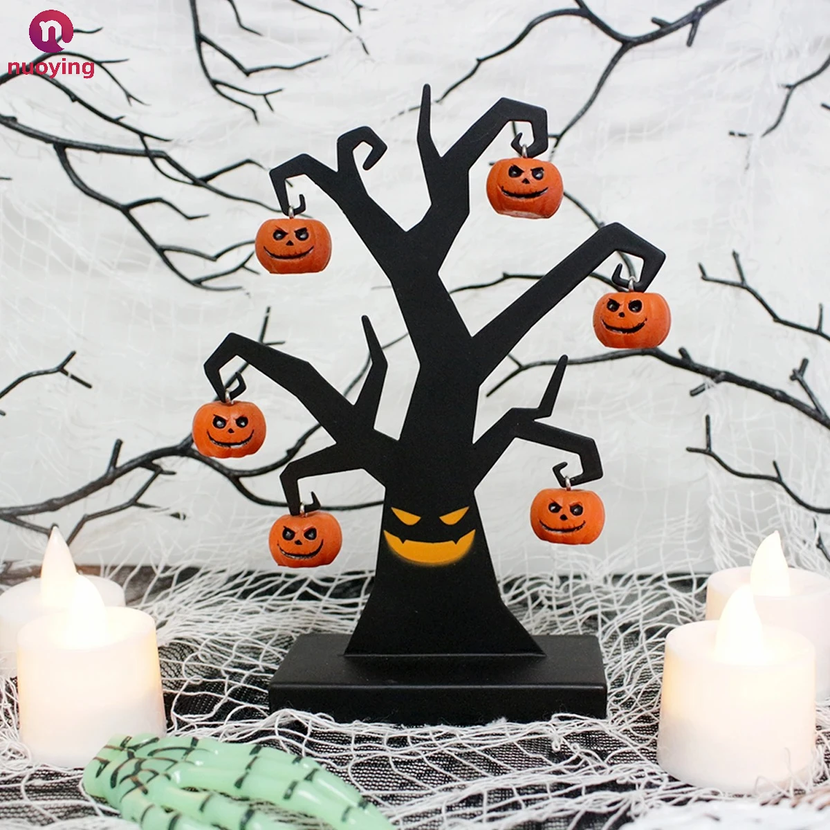 1 Stück Kürbis-Geister-Baum aus Eisen, handgefertigt, böse grinsende Kürbisgesichter, Metallbaum, gruselige, unheimliche Halloween-Tischdekoration, Heim-Party-Dekoration & kreatives Halloween-Geschenk