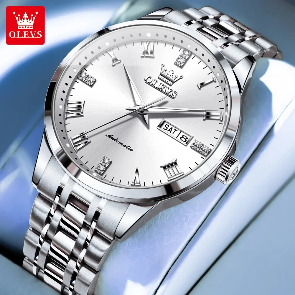 OLEVS 7062 ساعات آلية أوتوماتيكية مقاومة للماء من الفولاذ المقاوم للصدأ ساعة مضيئة مزدوجة كانلاندر للرجال ساعة يد عصرية