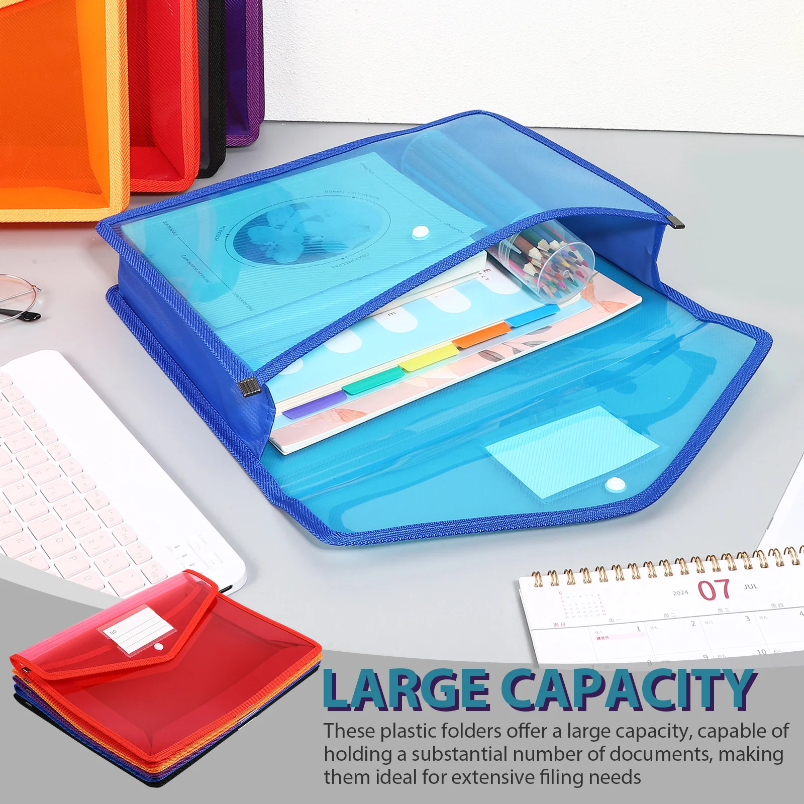 5Pcs Clear Plastic File Folder Snap Button Closure Document Organizer Large Capacity Label Pocket Plastic Wallet A4 Folder