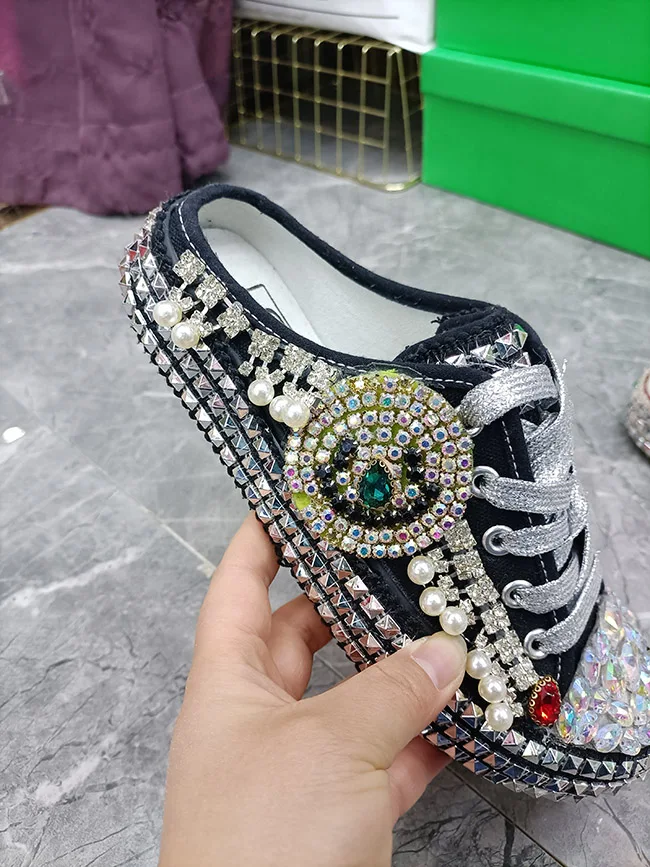 Summer Women\'s Canvas Shoes Rhinestone Diamond Handmade Rivet Half-Slippers Round Toe Low-Heel Casual Flat Shoes Female Sneakers