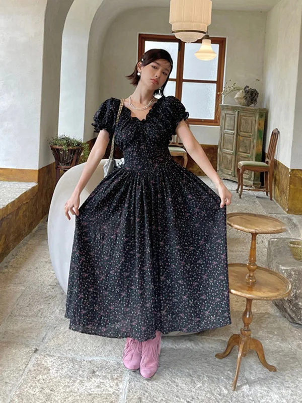 レトロな花柄プリント、パフスリーブとウエストシェイプのVネックロングAラインスカート、女性用サマーシーズンハイウエスト