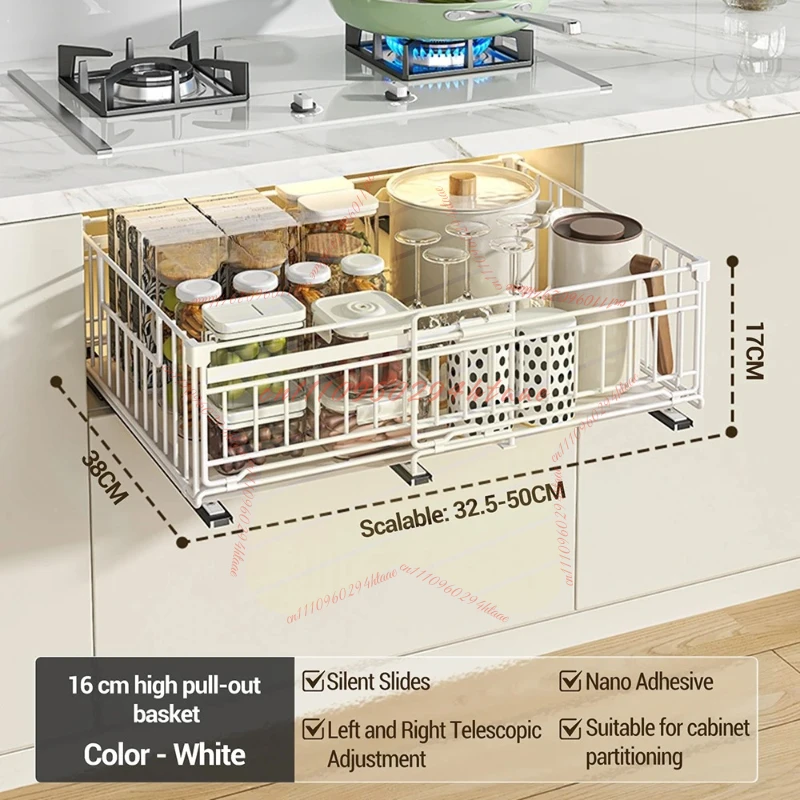 Expandable Pull-out Kitchen Shelf Carbon Steel Folding Cabinet Organizer Drawer Storage Shelves Cupboard Sliding Cabinet Basket