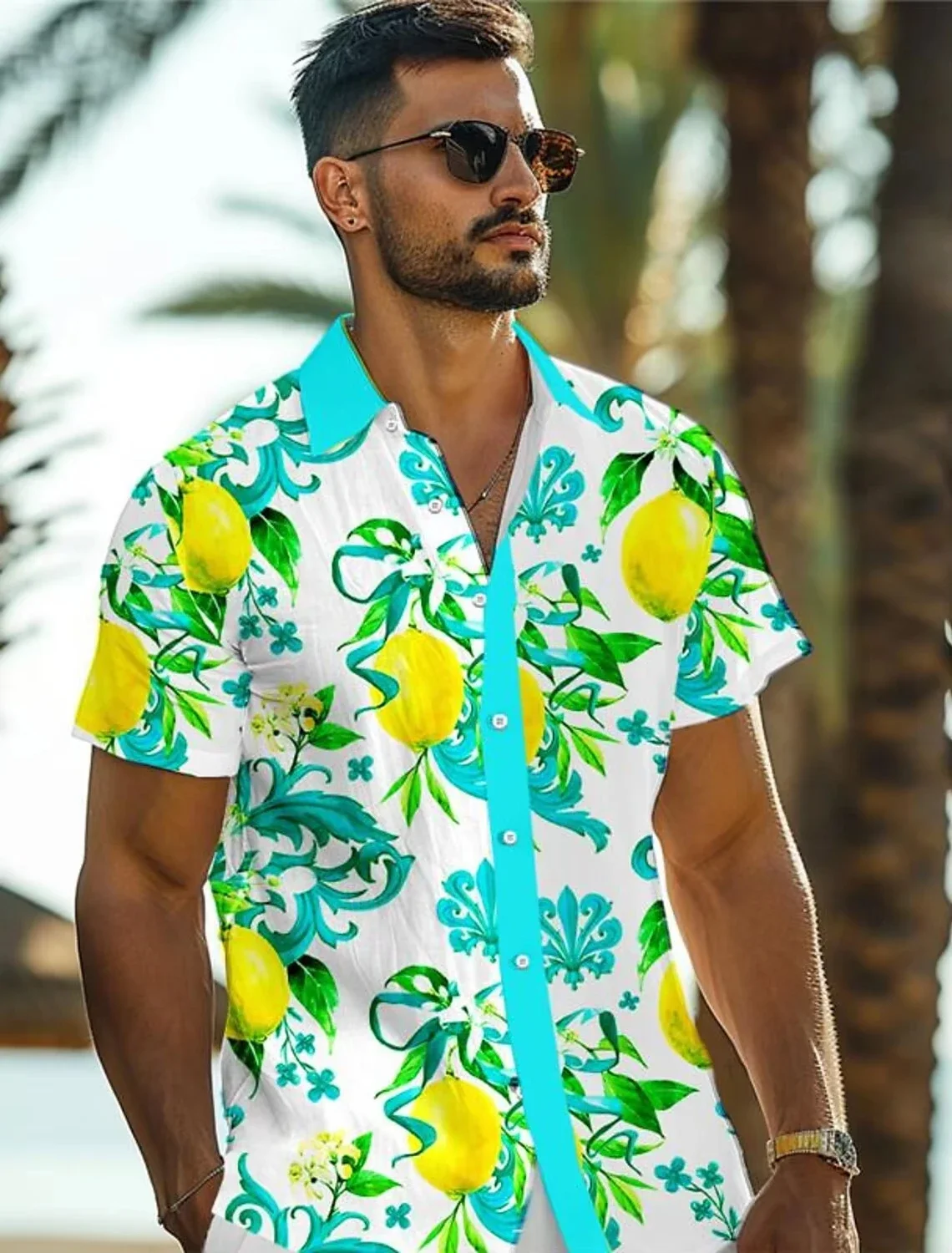 Lemon Tropical Men's Vacation Hawaii 3D Printed Shirt Men's Short Sleeved Stand Up Collar T-shirt Summer Beach Vacation Daily