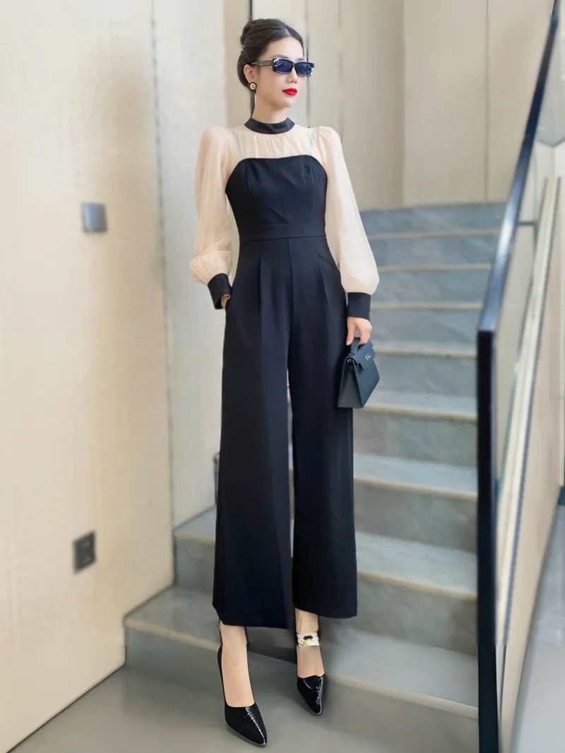 

Весна 2024, комбинезон с высокой талией и широкими штанинами, кружевной комбинезон Bubble Sve, длинные брюки, костюм для женщин, для поездок на работу, Sle