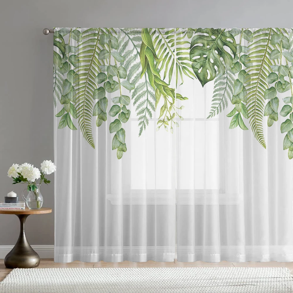 2PCS Home Decor Printed Window Screens with Green Leaves, Rod Pockets, Suitable for Kitchen, Café, and Living Room