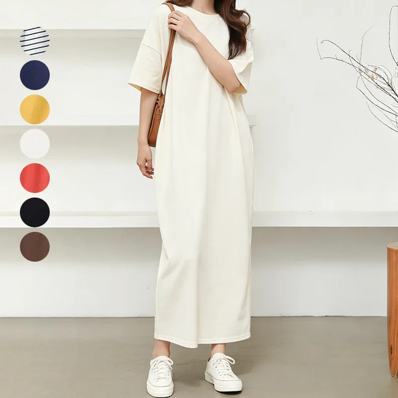 Loose Fit Japanese Style Women's T-shirt Dress Short Sleeve Pure Color Lazy Fashion A-Line Midi Dress Comfortable Casual Wear