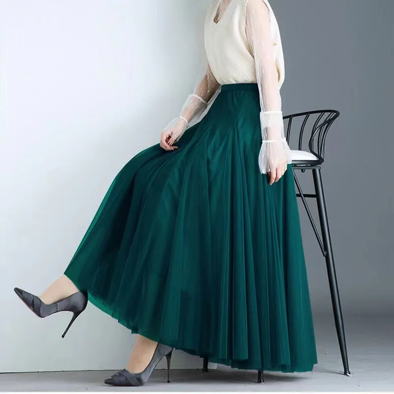 Hot Women Mesh Elastic Tutu Skirt Beach Spring Summer Korean High Waist Fashion Pleated Long Skirt Black White Tulle Skirts
