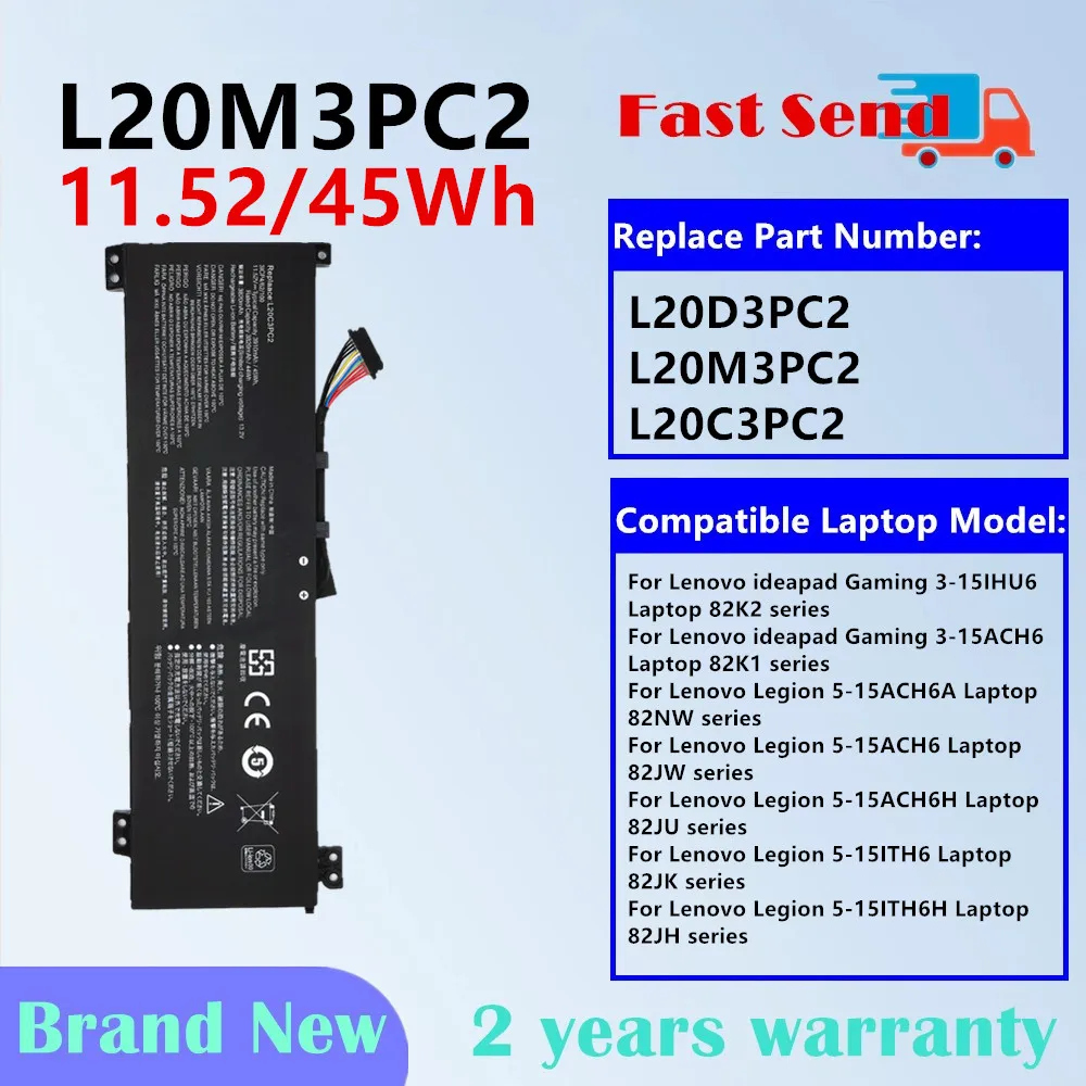 L20M3PC2 Laptop Battery for Lenovo ideapad 3-15IHU6 Laptop 82K1 82K2 series L20D3PC2 for Legion 5-15ACH6A L20M3PC2