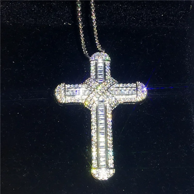 Unique Lab Diamond Long Cross Pendant Real 925 Sterling Silver Party Wedding Pendants Necklace For Women men Anniversary Jewelry