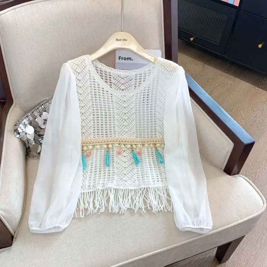 REALEFT Summer Lace Crochet Tassel Women\'s White Shirts 2024 New Hollow Out Beach Bohemian Chiffon Flare Sleeve Tops Female