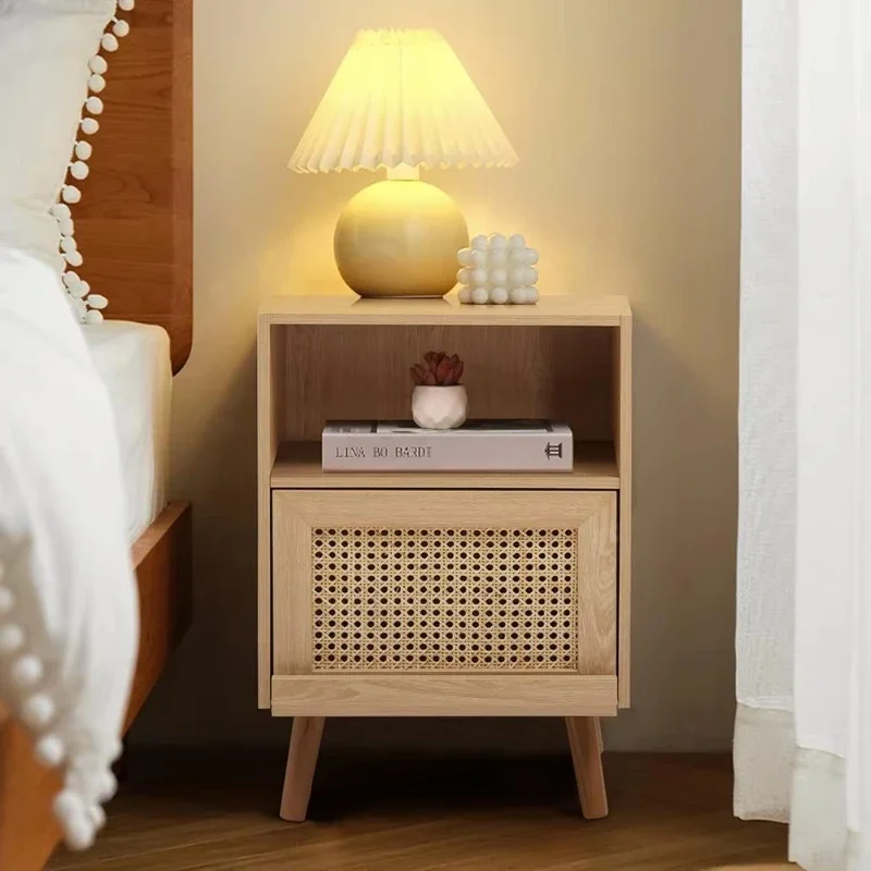 

Natural wood rattan bedside table open storage rack wooden coffee table bedside table