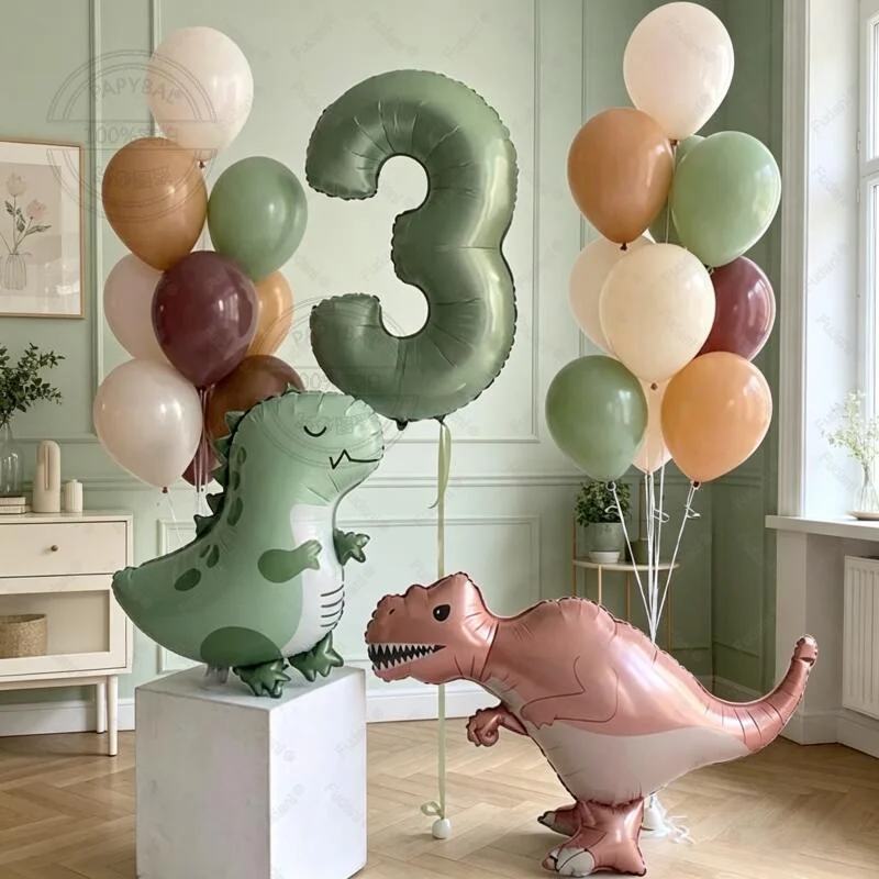 26pcs Cute Dinosaur Tyrannosaurus Rex Balloon Olive Green Number 1-9 Balloon Set Jurassic Theme Birthday Party Decoration