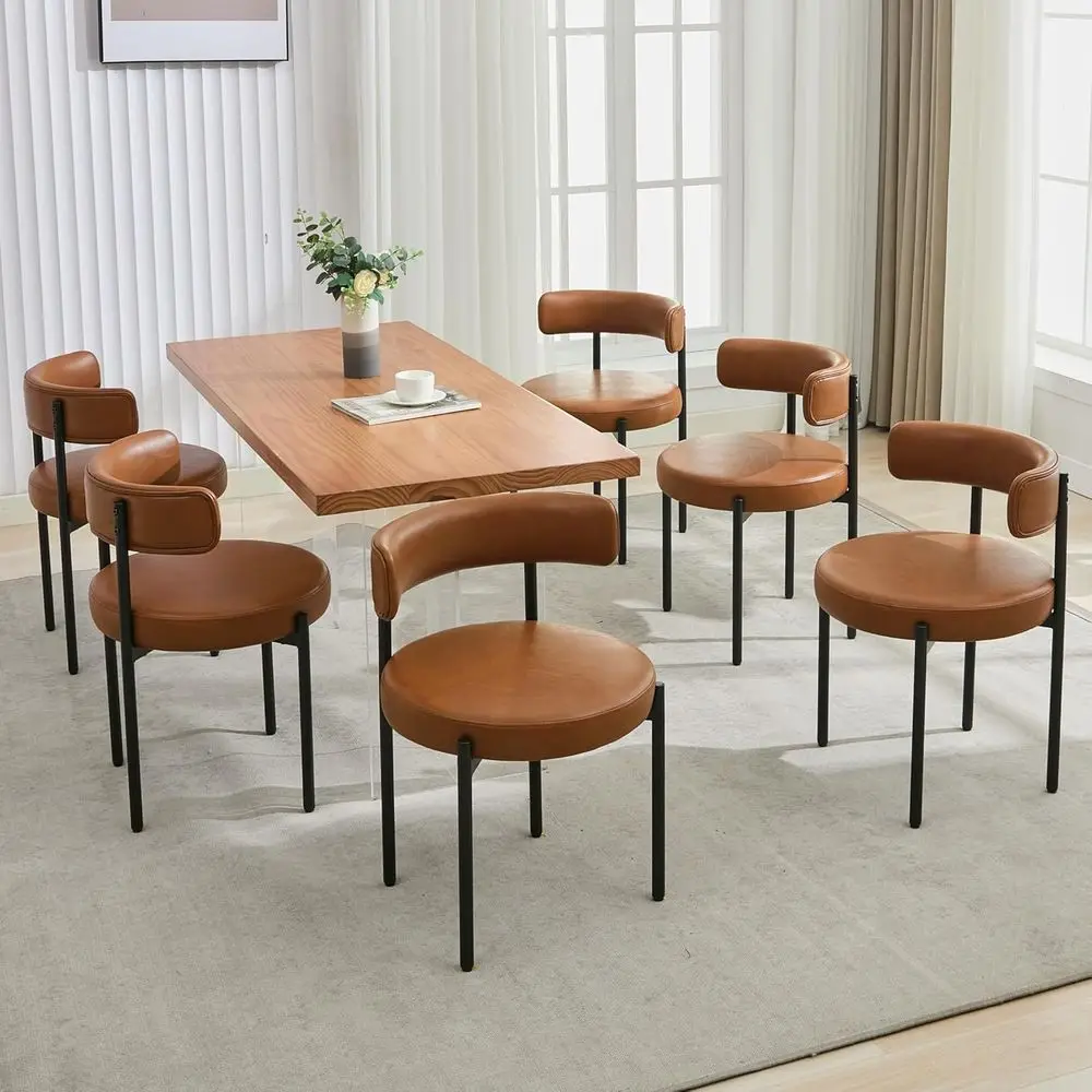 

Set of 6 Mid-Century Modern Faux Leather Barrel Back Dining Chairs, Brown Upholstered for Kitchen & Restaurant