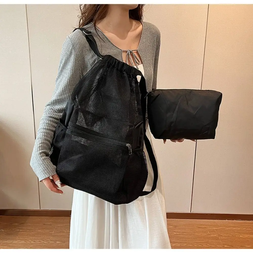 

Cute Korean Style Drawstring Backpack Hollow Portable Nylon Backpack Large Capacity Shoulder Bag Mesh Beach Bag Girls