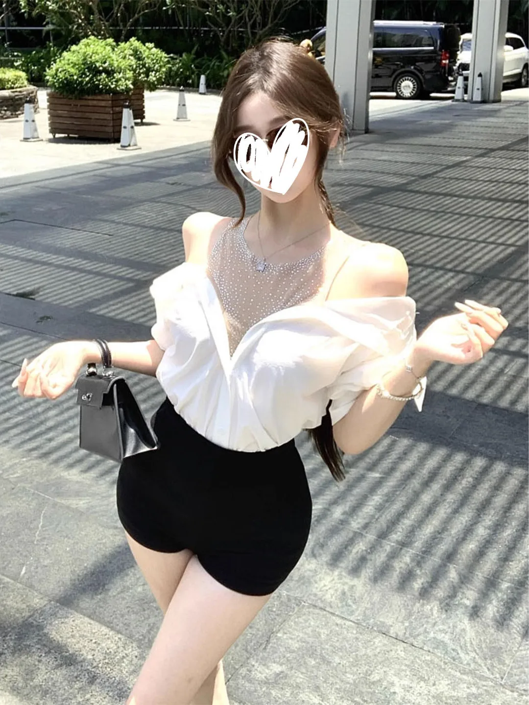 

Женская блузка в повседневном стиле с длинными рукавами, сетчатыми вставками на плечах, дизайном пэчворк, дышащая, белая, свободного кроя, с круглым вырезом