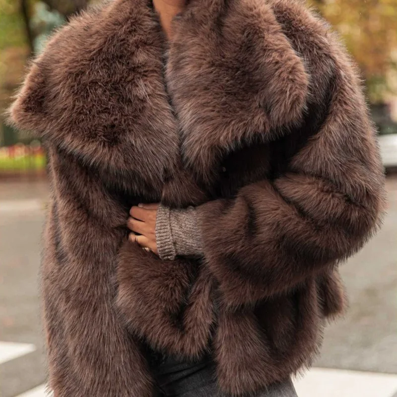 2025 레트로 인조 모피 턴다운 칼라 두꺼운 따뜻한 재킷 코트 가을 겨울 퍼 플러피 커피 솔리드 컬러 숏 재킷 아우터웨어