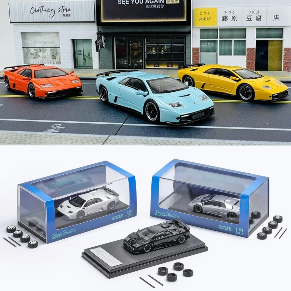 

SH 1:64 Diablo GT 1998 Silver White Black Opened Hood Diecast Diorama Car Model Toys Stance Hunters