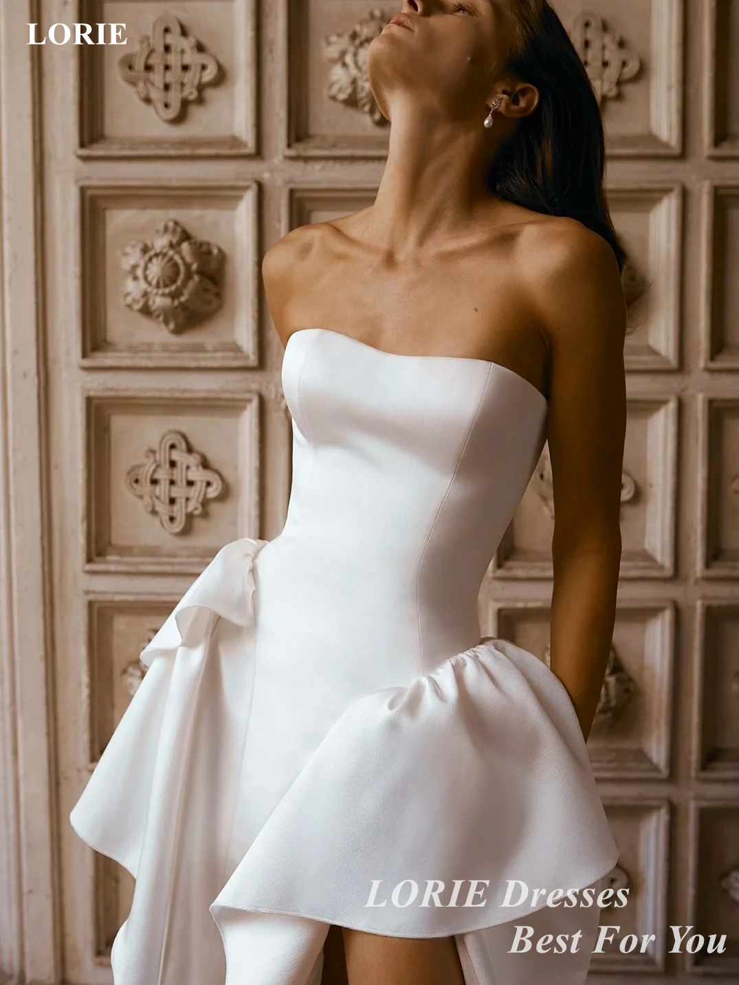 LORIE Modern Satin Wedding Dresses Strapless Sleeveless Bride Prom Gown Asymmetrical Ruched Floor-Length Bridal Gowns Customized