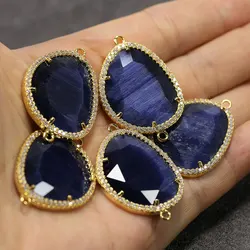 APDGG Wholesale 5 Pcs Blue Cat eye Crystal Cubic Zircon CZ Pave Connector Double Ring Jewelry Finding