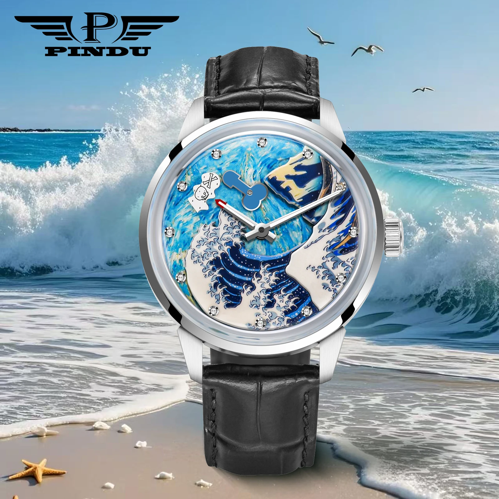 PINDU Design New Wave Dial Mechanical Watch Men Night Light Watch Waterproof Stainless Steel Fully Automatic Mechanical Watch